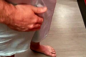 Shaved exhibitionists try flashing in public outdoor mirror scene