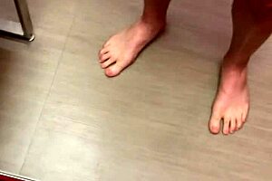 Shaved exhibitionists try flashing in public outdoor mirror scene