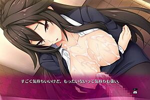 In this bukkake hentai game, the girl gets covered in cum while masturbating.