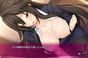 In this bukkake hentai game, the girl gets covered in cum while masturbating.