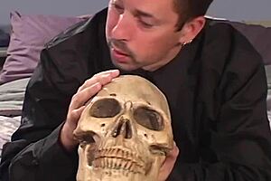 She enters the pentagram on her knees craving the cock in her ass with sperm