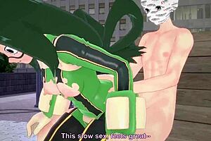 Tsuyu Asui fully grown anime girl rides cock in park POV