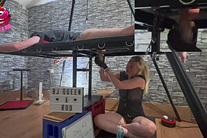 blonde british milf mistress uses milking table for chastity unlock and ruined orgasms