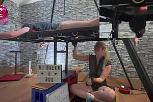 blonde british milf mistress uses milking table for chastity unlock and ruined orgasms