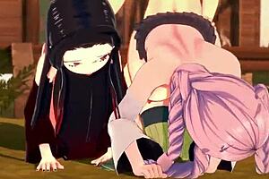 Cum on tits and asses while being fucked in a hot threesome with Kimetsu no Yaiba character