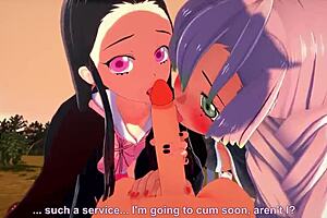 Nezuko Kamado And Mitsuri Kanroji In A Threesome From Kimetsu No Yaiba