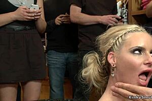 Busty slave gets anal fucked in a public store