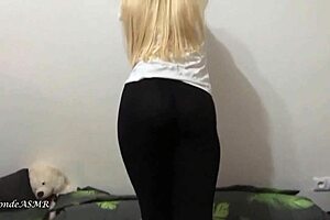 Why is Miley Grey's blonde striptease so sexy with shaved pussy?