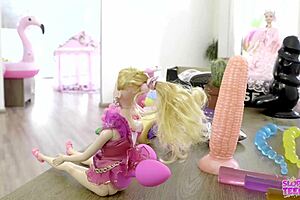 Blonde cosplay girl licks shoes in trailer