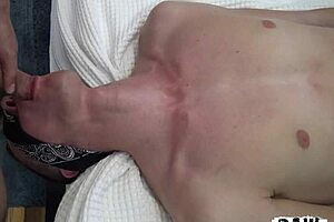 blindfolded jock says 'face fuck me while i jerk'