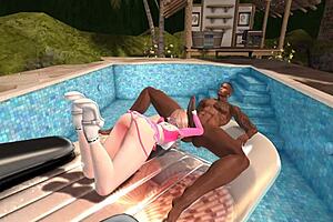 m1 cartoon character splashing in the outdoor pool