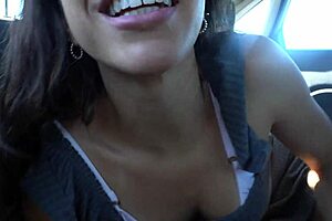 Deep throat fuck and swallowing on a gorgeous brunette in a taxi