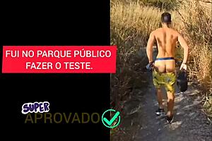 Young guy in jockstrap gives blowjob in public forest