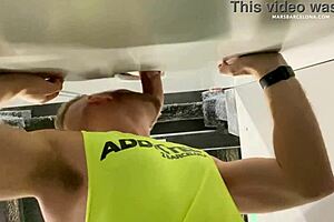 Gay blowjob through glory hole targets massive monster cock