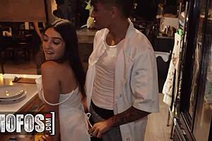 Slutty violet gems sucks every cock in group blowjob, then gets facial cum