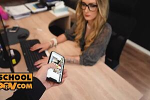 elena lux, the blonde slut in glasses, bent over for doggystyle fucking. pov blowjob makes her even hornier.