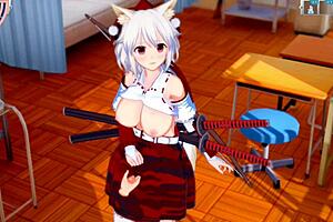 touhou inugami momiji in 3dcg anime video with breast massage