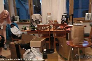 Behind the scenes with hot blonde naked mukbang girl eating asian food