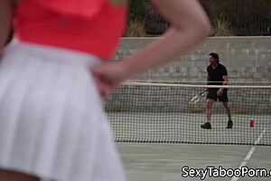 Tennis babe gets roughly doggystyled by her instructor.