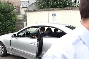 Do two bisexual guys share a cute brunette's tight ass?