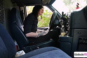 lesbian delivery crew fucks petite client with strapon