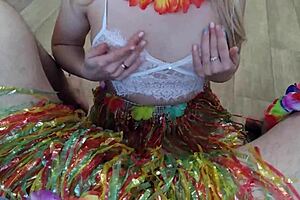 Wife gives blowjob at hawaiian party while husband watches