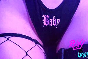 Curvy amateur cosplayer who enjoys the sex industry fondles a toy and winks