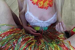 Wife gives blowjob at hawaiian party while husband watches