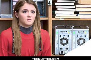 cute teen shoplifter gets strip searched and blows big cock