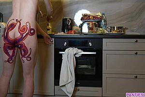 Naked Housewife With Octopus Ass Tattoo Cooks Dinner, Ignoring You
