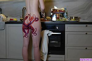 Naked Housewife With Octopus Ass Tattoo Cooks Dinner, Ignoring You