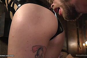 It was climax time and a bound submissive indulged in sensual asexual sex with a dominating feminine adult wearing the phallic icon