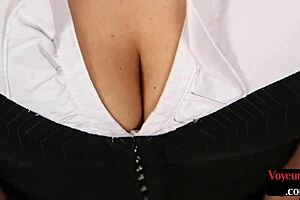 Conversational voyeur cfnm office babe watches colleague jerking on her in heels