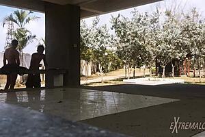 Skinny Twinks With Small Waists Engage In Anal Fucking And Handjob Near Football Field. Friends Play Nearby.