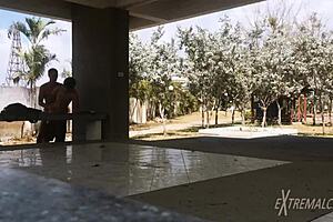 Skinny Twinks With Small Waists Engage In Anal Fucking And Handjob Near Football Field. Friends Play Nearby.