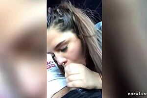 Latina girlfriend gives car blowjob publicly