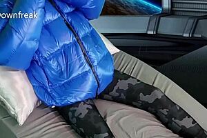 Sucking cocks and fucking on a bed that has Canadian down jacket laying on