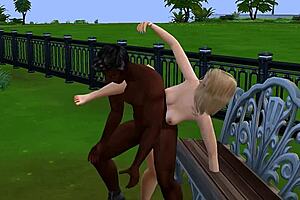 Cartoonish sexual proposition of a blonde Barbie by a lascivious black figure