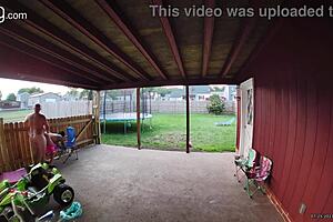 Wife sucking and fucking into creampie on back porch in broad daylight