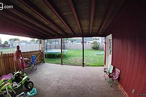 Wife sucking and fucking into creampie on back porch in broad daylight