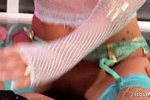 A stunning brunette with blue eyes does her first casting sex sweaty