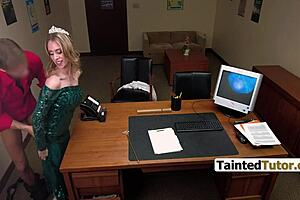 Bully's stepmom dominated by principal on college desk, groping and hardcore sex