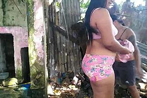 Experimenting Lesbian Sex In The Forest With Shaved Pussy