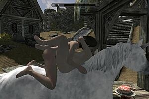 Two women broach the subject of an affection for a unicorn in Skyrim