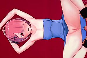 Ram gives footjobs in the love hotel, wearing only a towel. 3d anime hentai scene with cumshot.