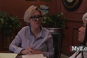 Busty tutor helps frustrated teen student with lessons