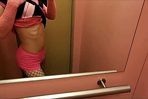 Pink elevation features transsexual shemale crossdressing ladyboy masturbating in elevator