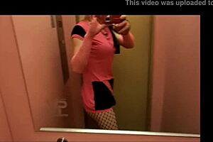 Pink elevation features transsexual shemale crossdressing ladyboy masturbating in elevator