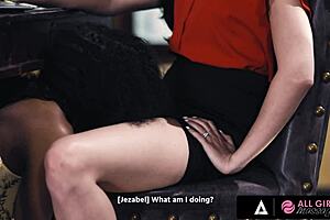 Ebony pleasures busy wife under table before licking pussy.