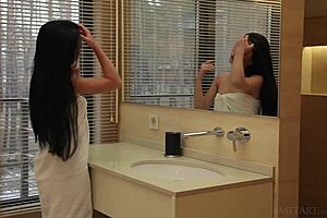 Petite Brunette Amelie B Showers Wet in Bath